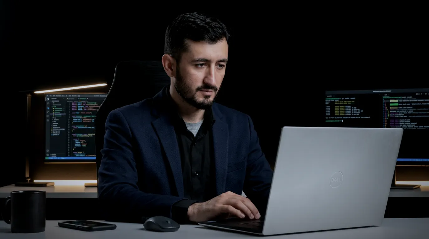 Ijaz Khan writing code at his workstation with multiple screens